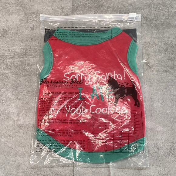 PARISIAN PET Ref/Green 'Sorry Santa! I Ate Your Cookies' Funny Dog T-Shirt SZ S - Picture 1 of 7